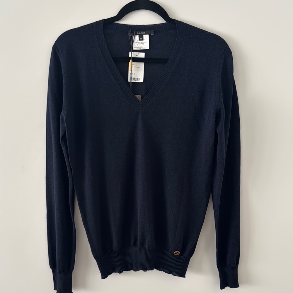 Gucci Blue V-Neck Sweater Classic Knit